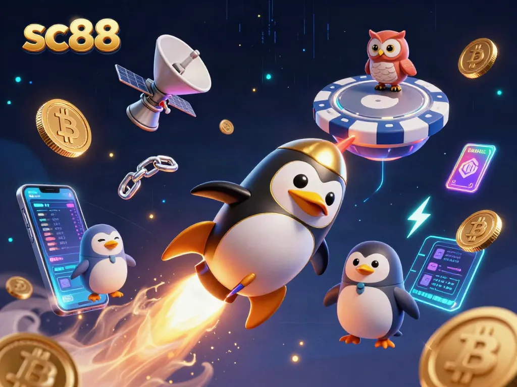 Bet on sc88 with a vibrant casino-themed image showcasing a golden penguin and crypto elements