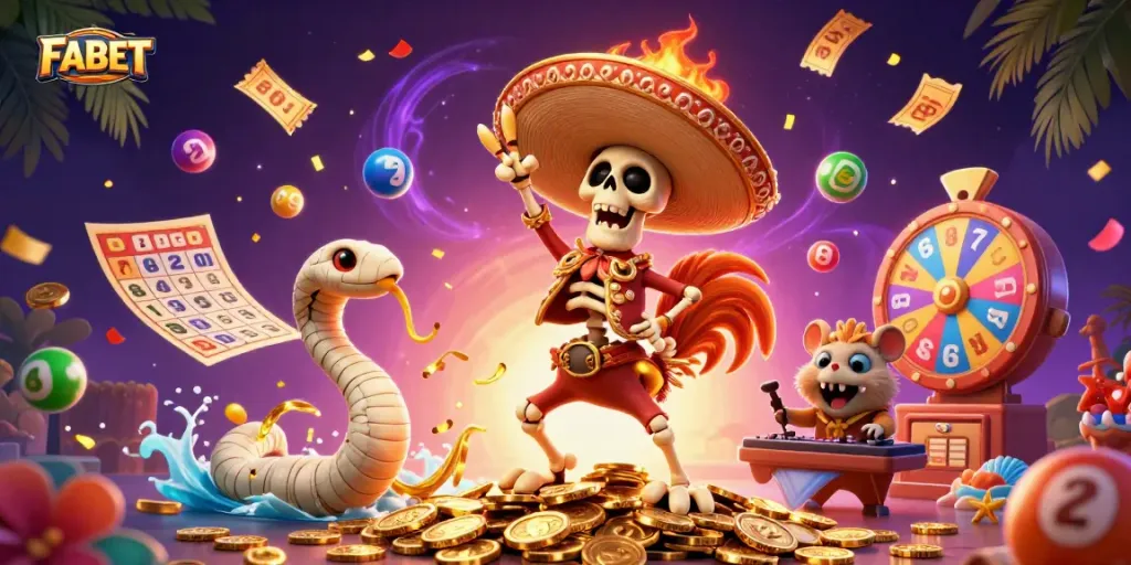 Experience the thrill of FABET with a lively casino scene featuring animated characters and dynamic game elements.
