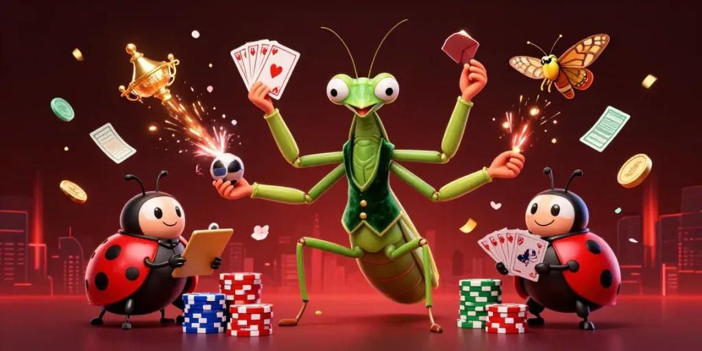 Bongdalu sports betting illustration with dynamic characters, casino elements, and vibrant colors.
