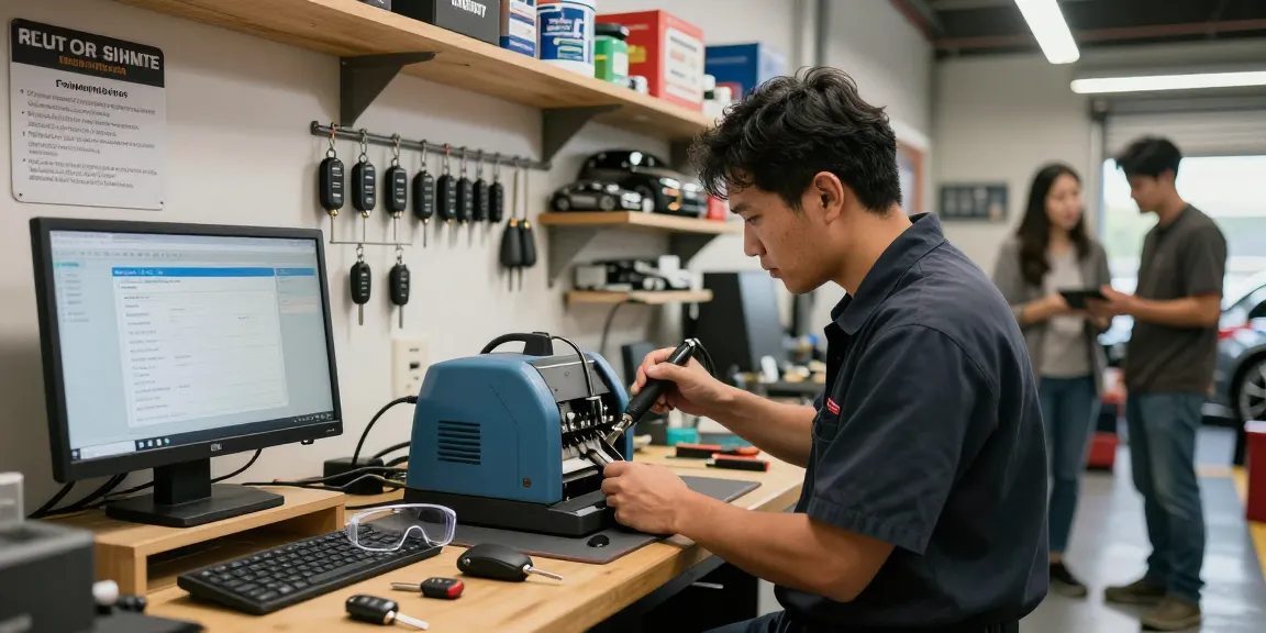 Car Key Replacement Raleigh: locksmith technician cutting a car key in a busy workshop.