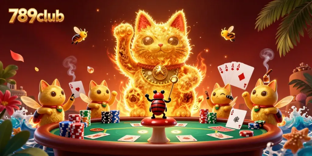 Capture the excitement of 789club through a dynamic 3D scene with a lucky cat and casino symbols.