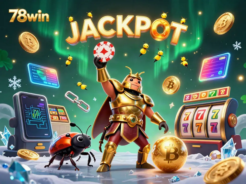 Experience the excitement of 78win as a victorious beetle lifts a poker chip amidst glowing crypto coins and dynamic gaming elements.