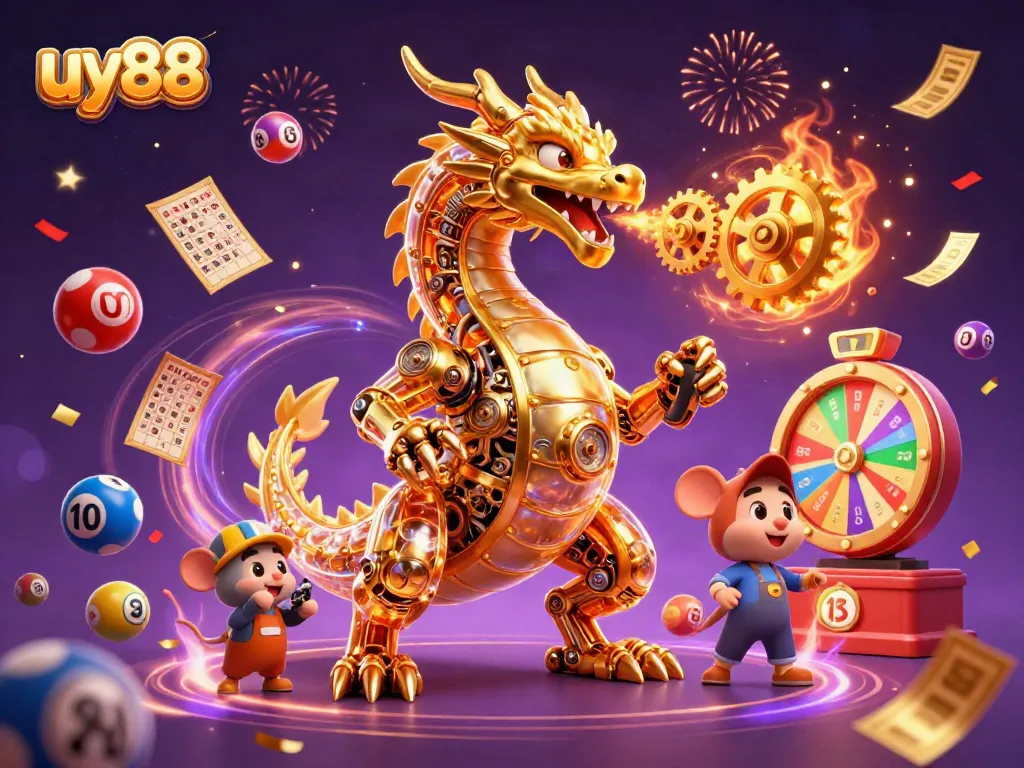 Engage in thrilling gaming at uy88 with a vibrant scene of a golden dragon and playful lottery elements.