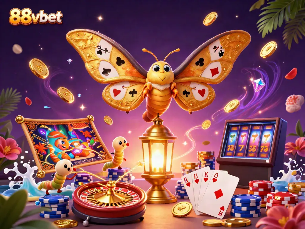 Cascading golden coins and vibrant scenes surround 88vbet's enchanting atlas moth and casino elements.