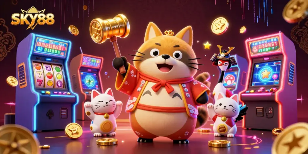 Join the fun at SKY88 with classic slots and vibrant characters in a dynamic casino illustration.