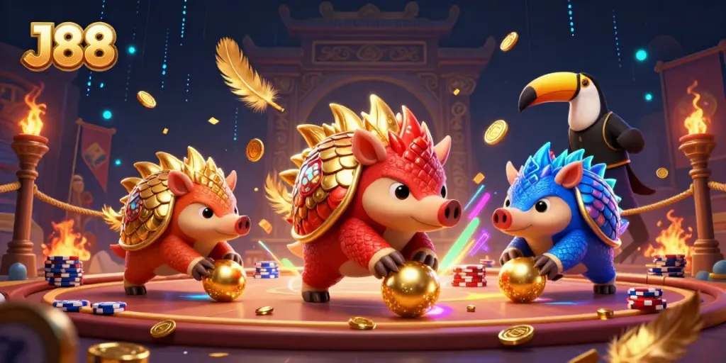 Experience thrilling gameplay at J88 with rival pangolins fighting through poker chips in a vibrant casino.