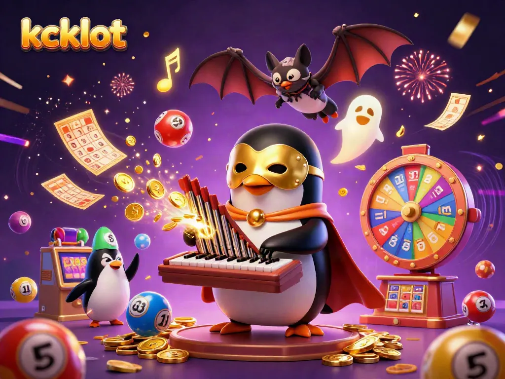 Gambarkan kebahagiaan bermain di kckslot dengan penguin pahlawan dan mesin keberuntungan penuh warna.