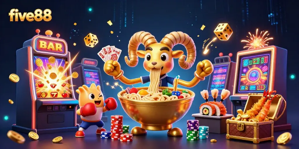 Experience five88's vibrant gaming world with a playful giant ramen bowl dealer amidst dazzling casino elements.