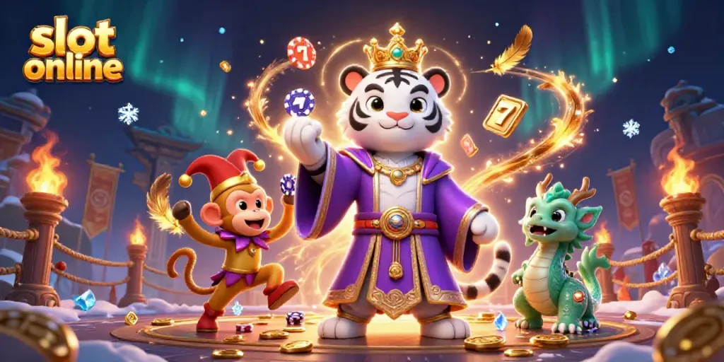 Engage with the thrill of slot online games in this vibrant 3D casino scene featuring a regal white tiger and playful characters.