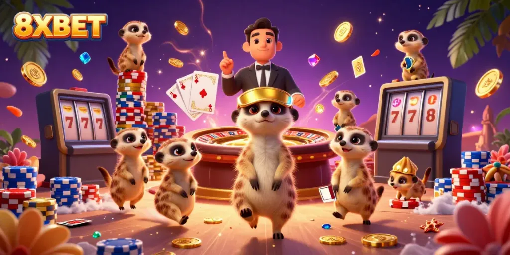 Experience the excitement of 8XBET as meerkats run a vibrant casino beneath tropical elements.