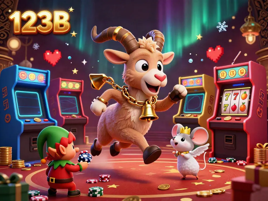 Experience the excitement of 123B casino with Krampus, an angel, and greedy elves amidst vibrant arcade game elements.