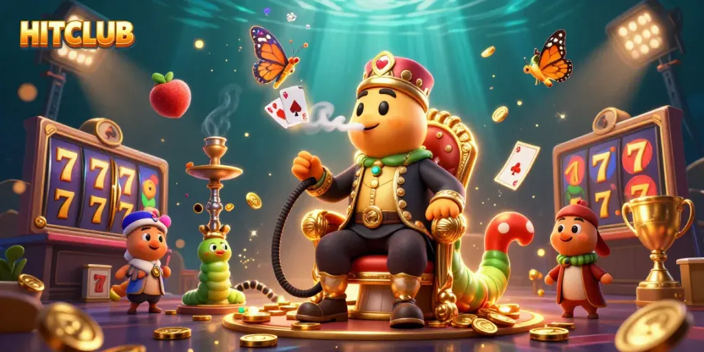 Engage in HITCLUB, featuring a 3D cartoon caterpillar master in a vibrant casino scene.
