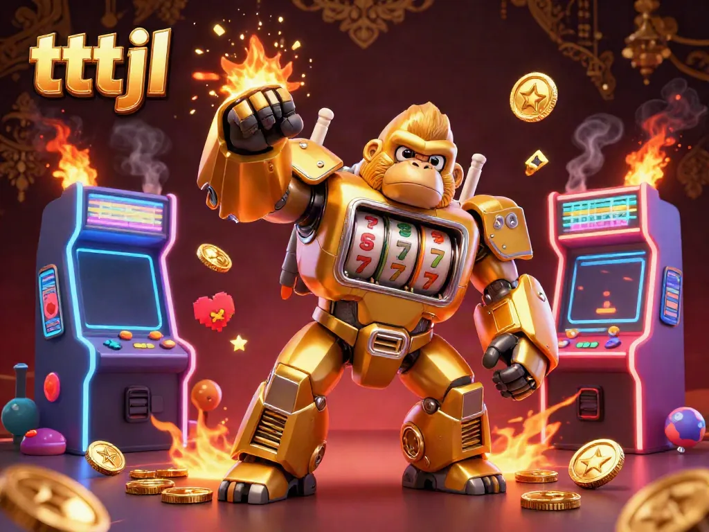 Experience the excitement of tttjl with a dynamic golden gorilla mech and vibrant gaming elements.