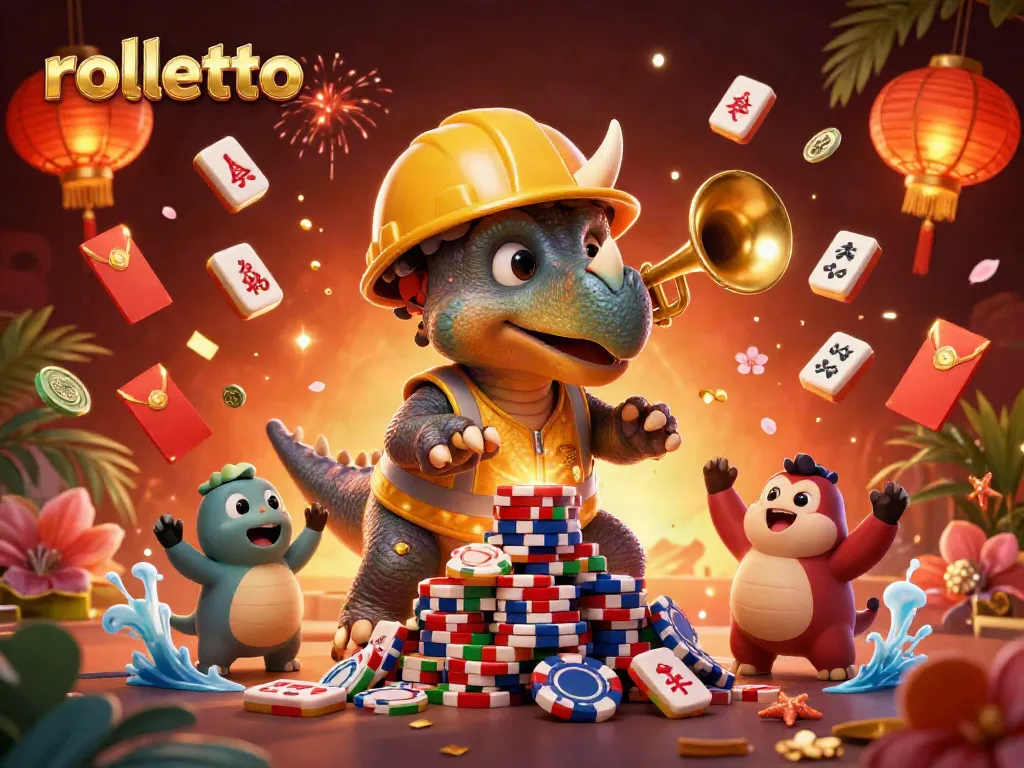 Engage with Rolletto's exciting casino adventure featuring a playful triceratops and friends celebrating winnings.