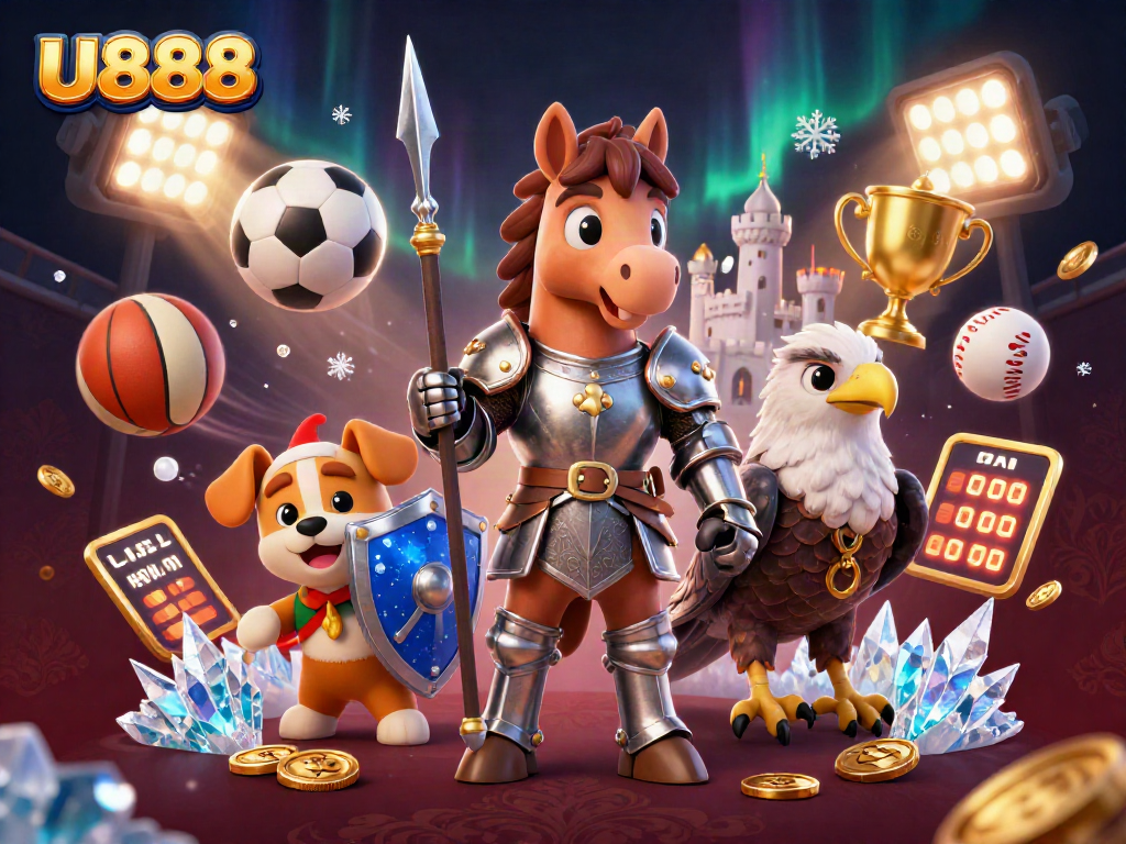 U888 Knights of chance battling in a dynamic casino scene full of sports action.