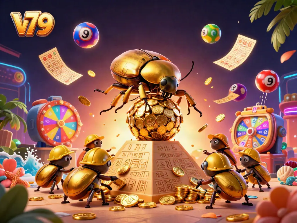 Engage with V79's games through a vibrant scene of golden beetles, casino symbols, and prize elements.