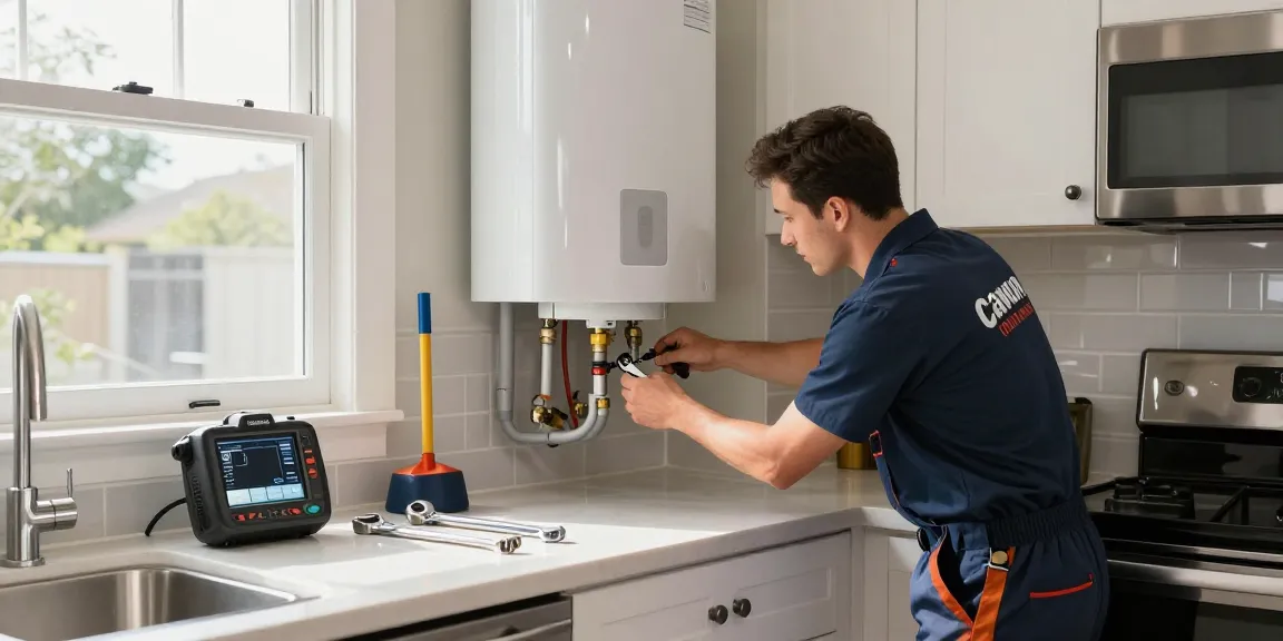 Expert technician performing direct water heater repair Fort Worth in a modern kitchen, showcasing professional plumbing services.