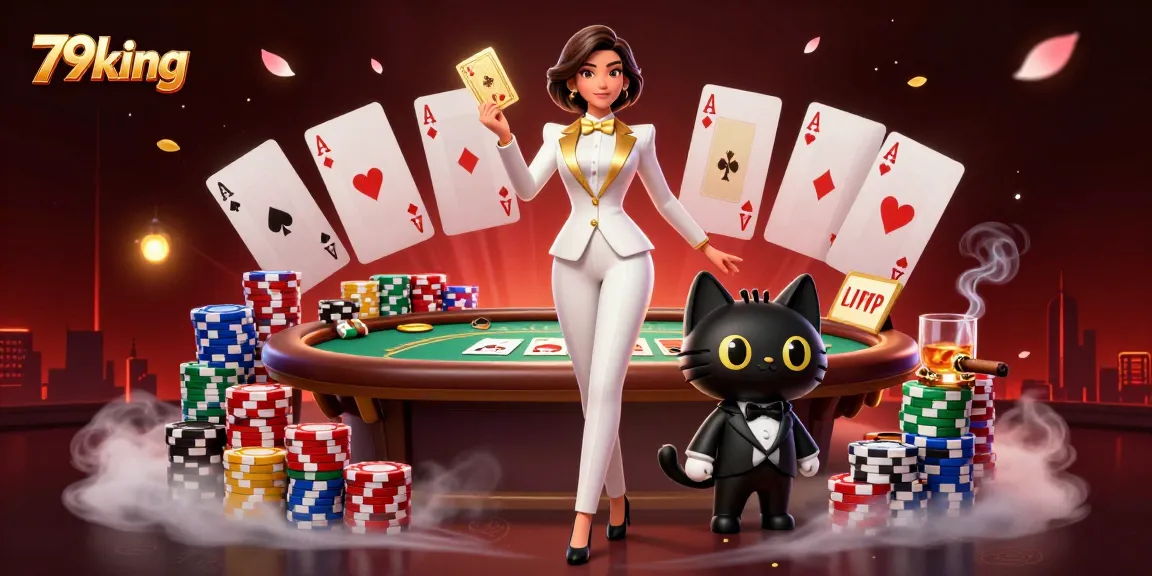 79king showcases a glamorous woman shuffling cards alongside a tuxedo cat in an exciting casino setting.
