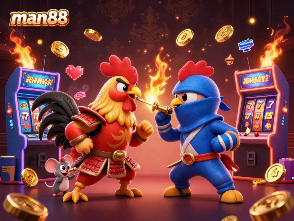 Experience the thrill of man88 with cartoon fighting roosters and vibrant casino elements.