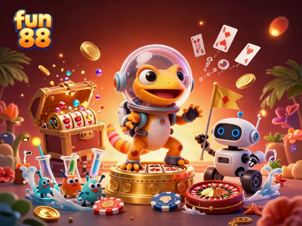 Play exciting games like roulette and slots at fun 88 with this dynamic casino scene illustration.