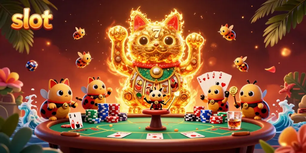 Slot menghidupkan simbol permainan judi, dengan kucing keberuntungan dan pemimpin kecil yang mengendalikan suasana kasino.