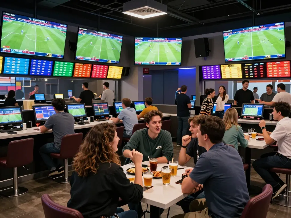 Fans engaging in sports betting excitement at 7m, strategizing and placing bets.