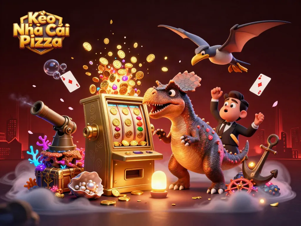 Kèo Nhà Cái Pizza features a pachycephalosaurus winning jackpot coins, symbolizing thrilling casino action.