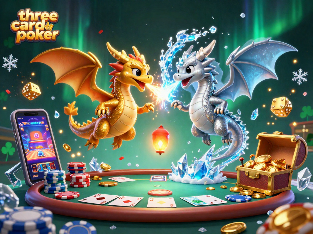 Engage in three card poker with exciting gameplay and vibrant casino elements in a dynamic 3D illustration.