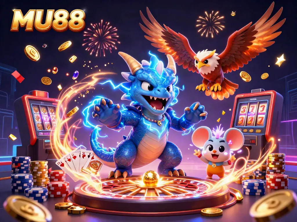 Experience excitement with MU88 as a thunder dragon, hawk, and mouse lead a gambling adventure filled with coins and cards.