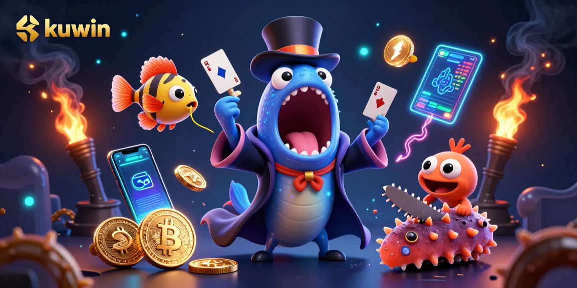 Kuwin casino scene featuring magical sea creatures performing tricks and neon blockchain elements.
