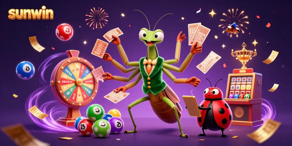 Win at SUNWIN with a lively casino scene featuring a giant praying mantis, ladybug pit boss, and vibrant game elements.