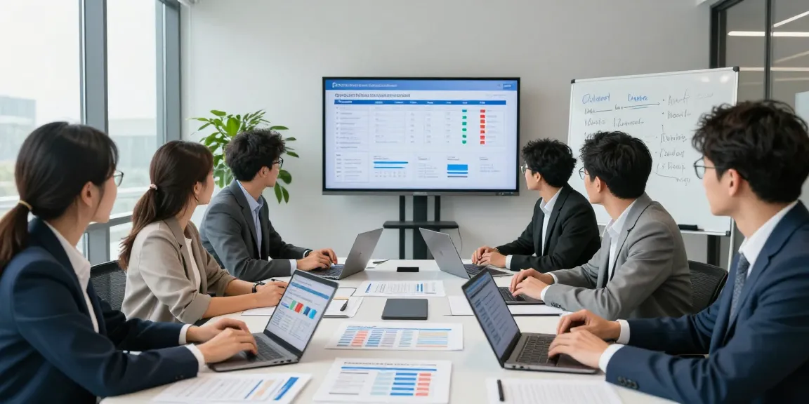 Supplier risk management software analysis in a collaborative office environment with diverse professionals reviewing assessments and risk scores.