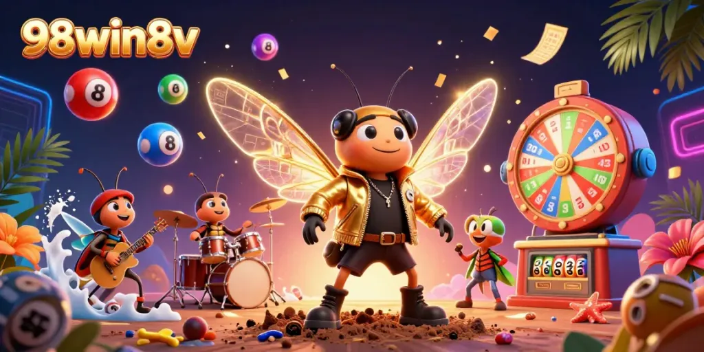 Win big with 98win8v as a rock star cicada, surrounded by dynamic lottery elements.