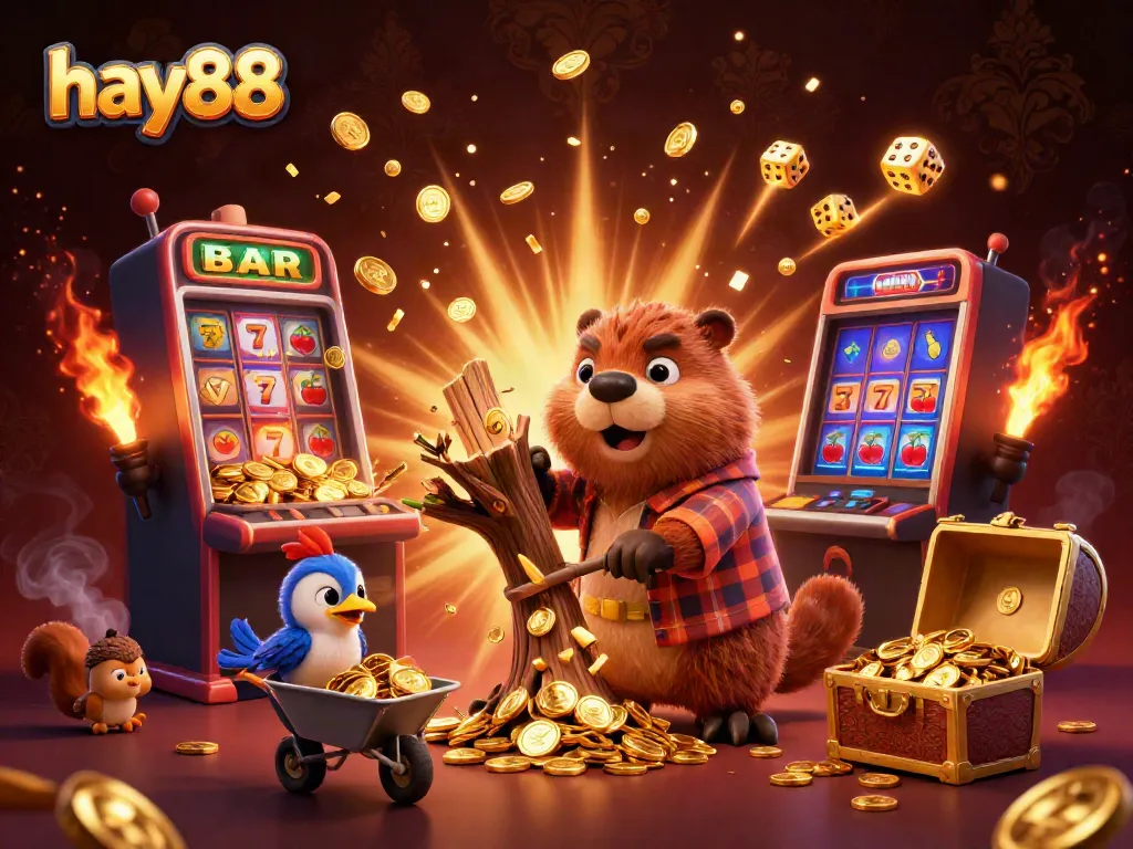 Experience the thrill of hay88 with a vibrant casino scene featuring cartoon characters and jackpot excitement.