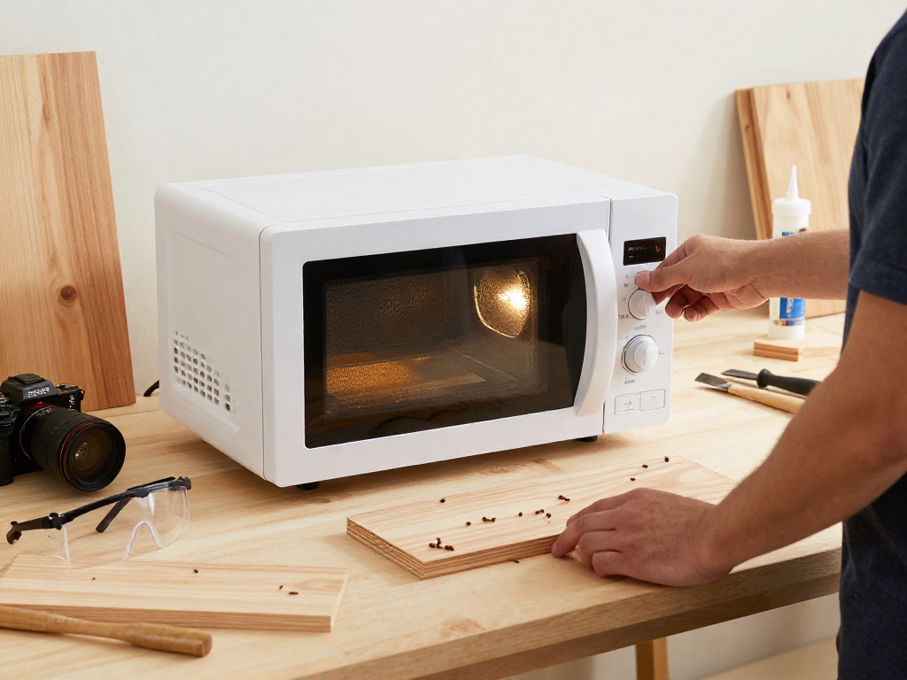 Shashel microwave technology in a home workshop for effective wood pest elimination.