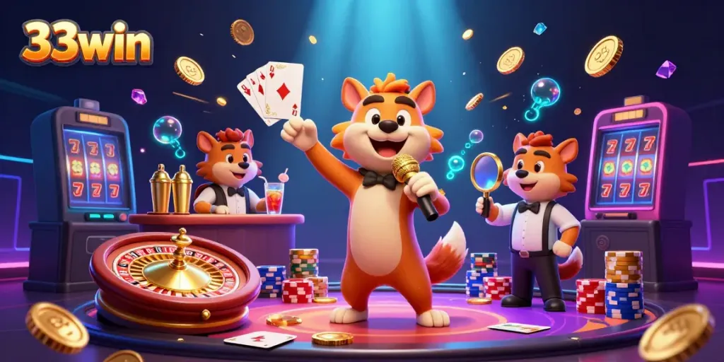 33win's dynamic casino scene showcasing hyenas in a comedy club, alongside casino elements like roulette and coins.