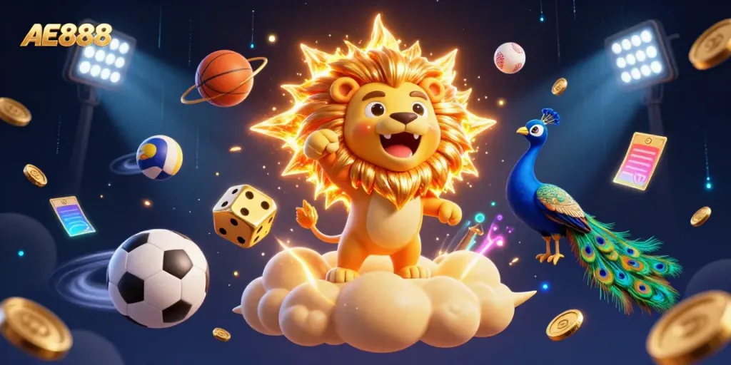 Experience the thrilling dynamics of AE888 with a vibrant 3D casino scene featuring a roaring lion and floating golden dice.