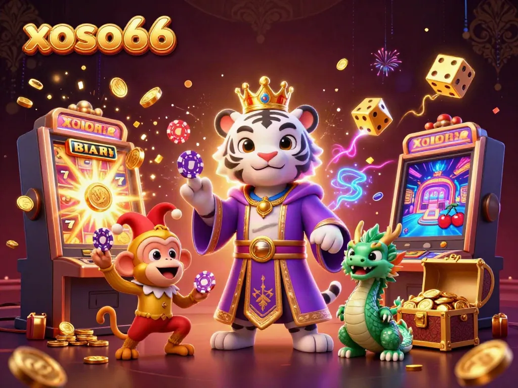 Experience excitement at xoso66 with vibrant lottery symbols, characters, and dynamic casino elements.