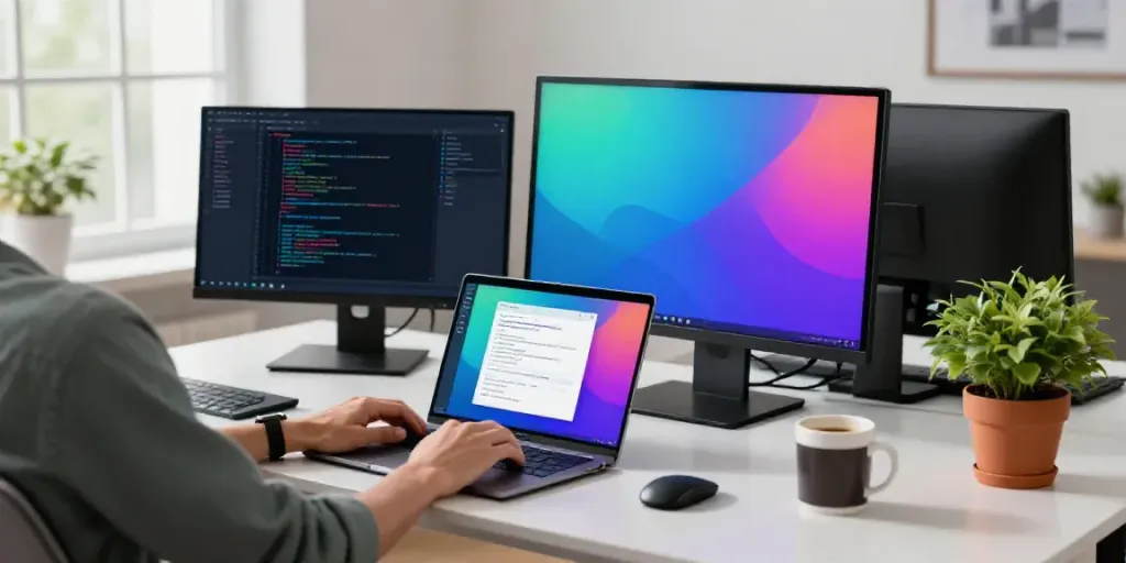 Workspace showcasing uk wordpress hosting with a developer managing site dashboards and code.