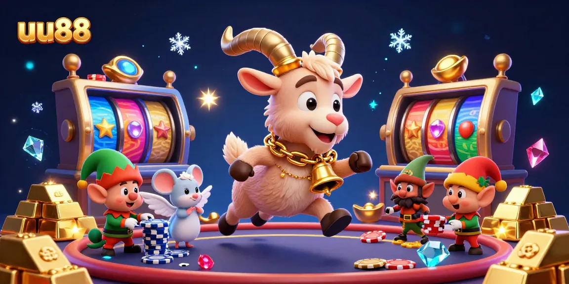 Join the excitement at uu88 casino: 3D illustration of Krampus, angel, and elves amidst vibrant slot machines and priceless gems.