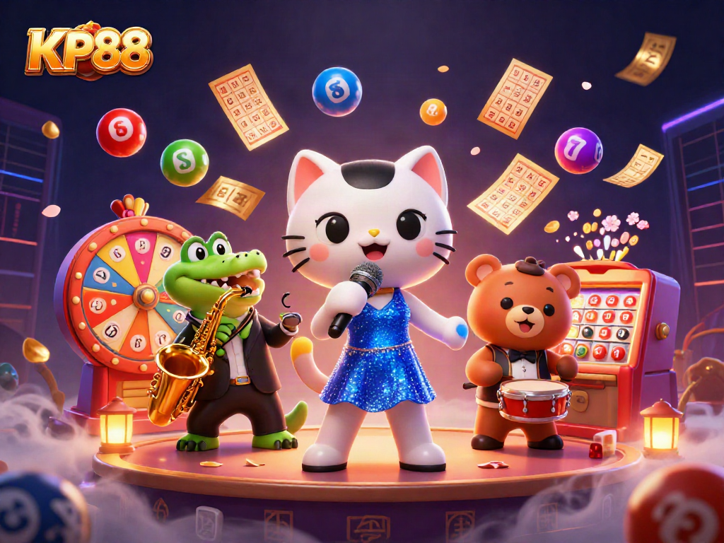 Experience the excitement of KP88 with a vibrant 3D jazz scene featuring lottery action and stunning visuals.