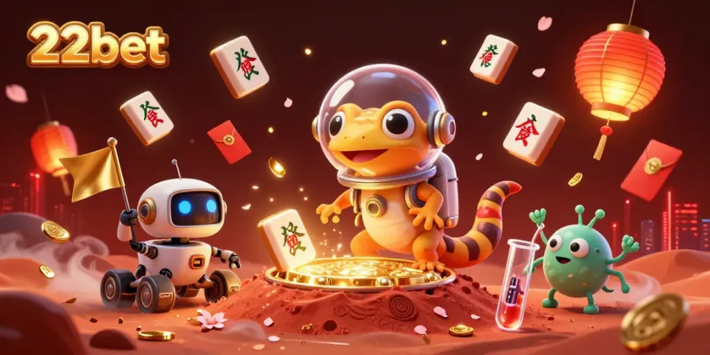 Experience excitement at 22bet with a Martian gecko uncovering a golden casino in a vibrant atmosphere.