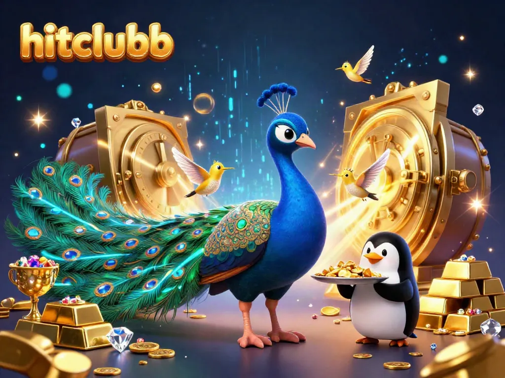 Hitclubb showcases a vibrant 3D scene with a peacock, penguin, and hummingbird surrounded by treasure.