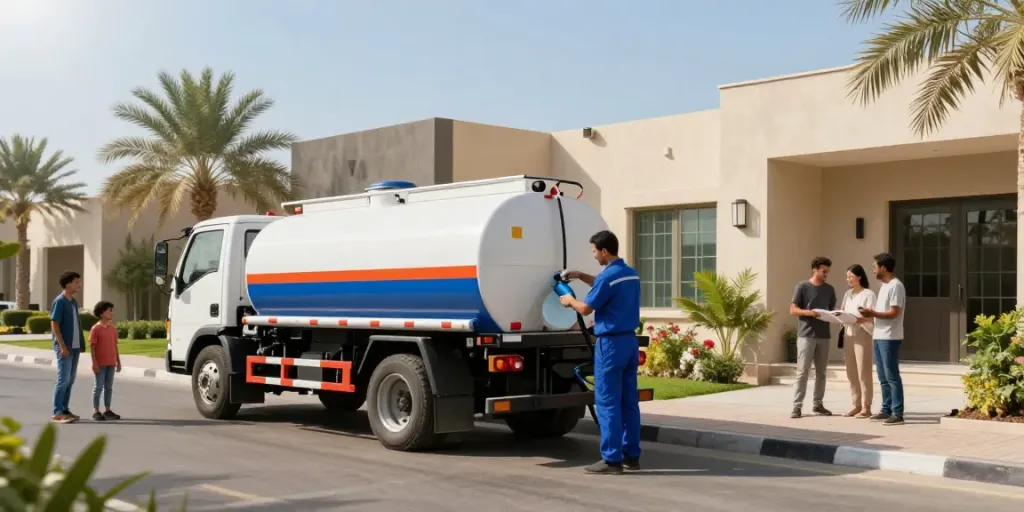 صهريج مياه بالرياض delivery scene with technician filling a residential tank, showcasing efficient water service.