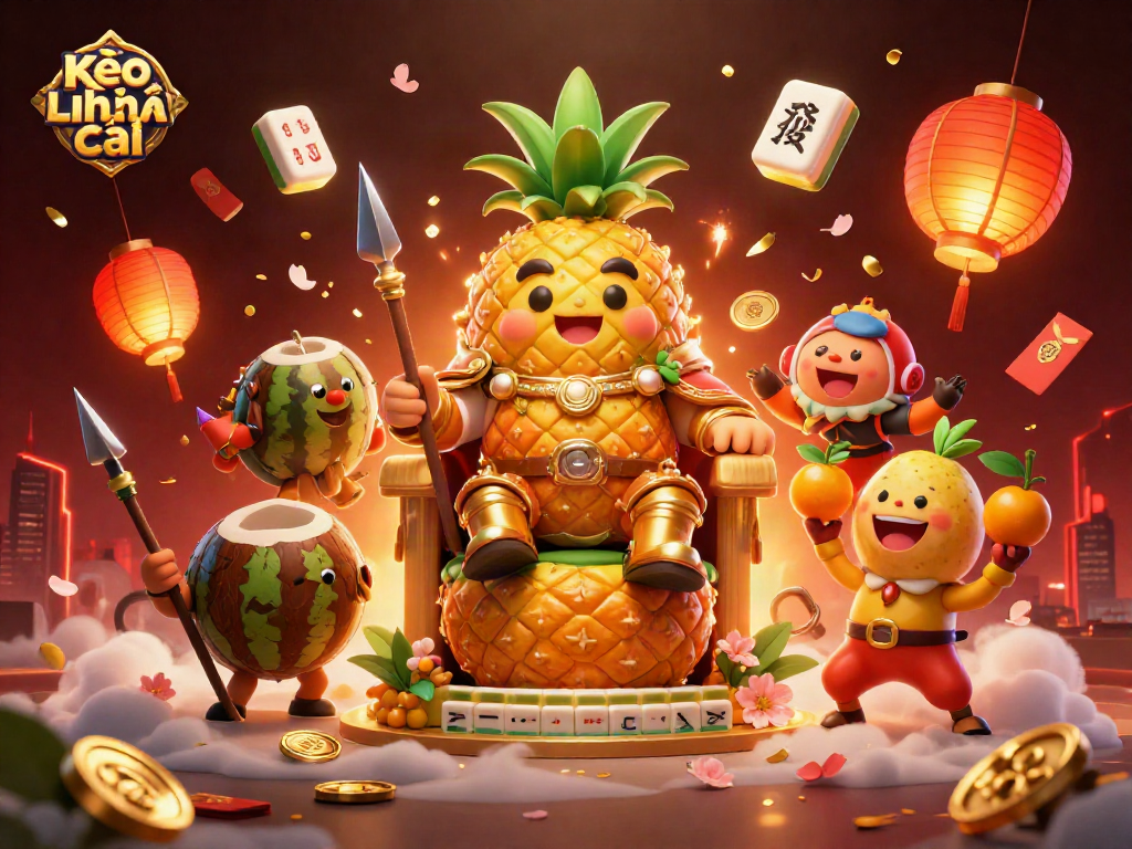 Kèo nhà cái shines in vibrant colors as a cartoon pineapple king reigns over a beach casino. Experience the excitement!