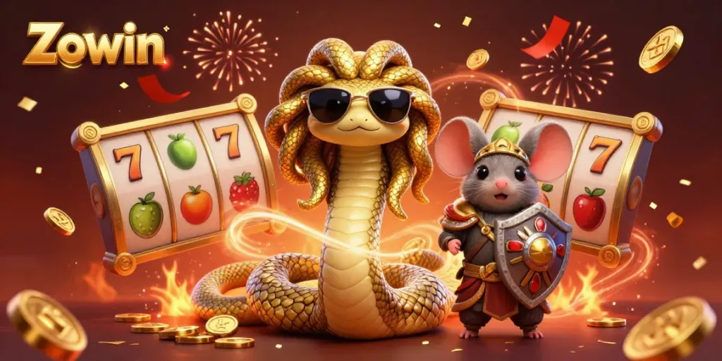 Experience thrilling gameplay at Zowin with vibrant casino characters and festive elements.