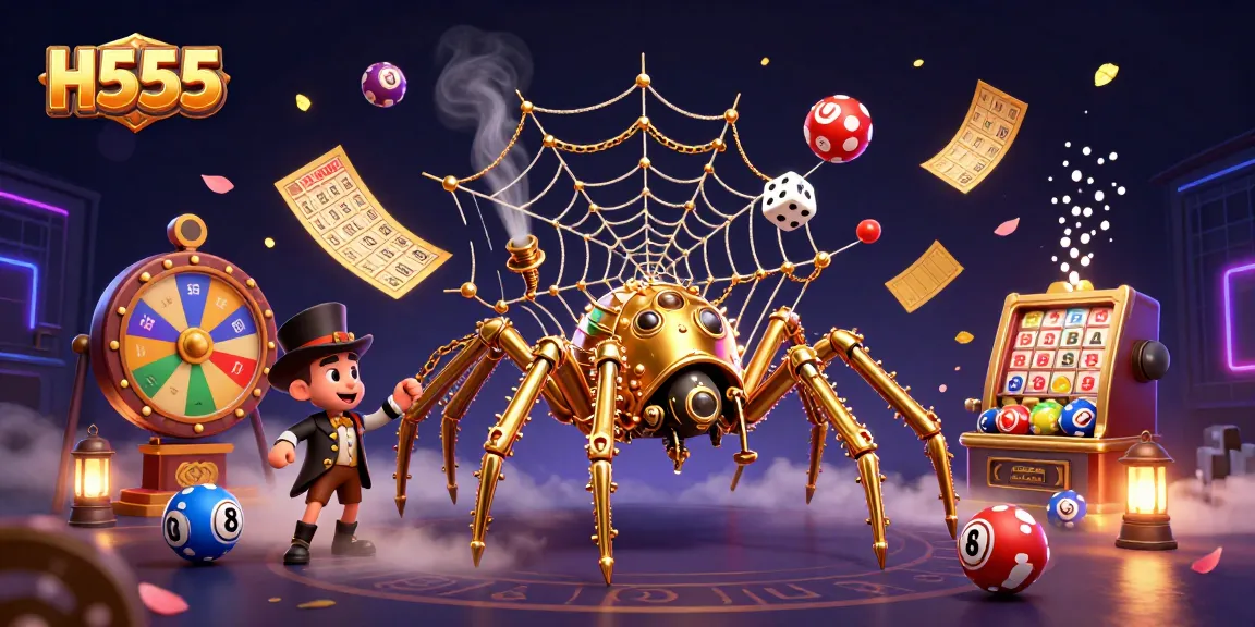 Experience H555 with an engaging steampunk casino scene featuring lottery balls, a playful spider, and festive confetti.