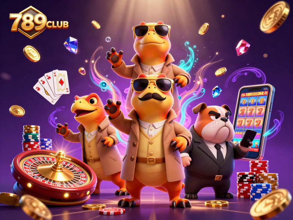 Experience thrilling gameplay at 789CLUB with gold coins cascading and vibrant casino elements.
