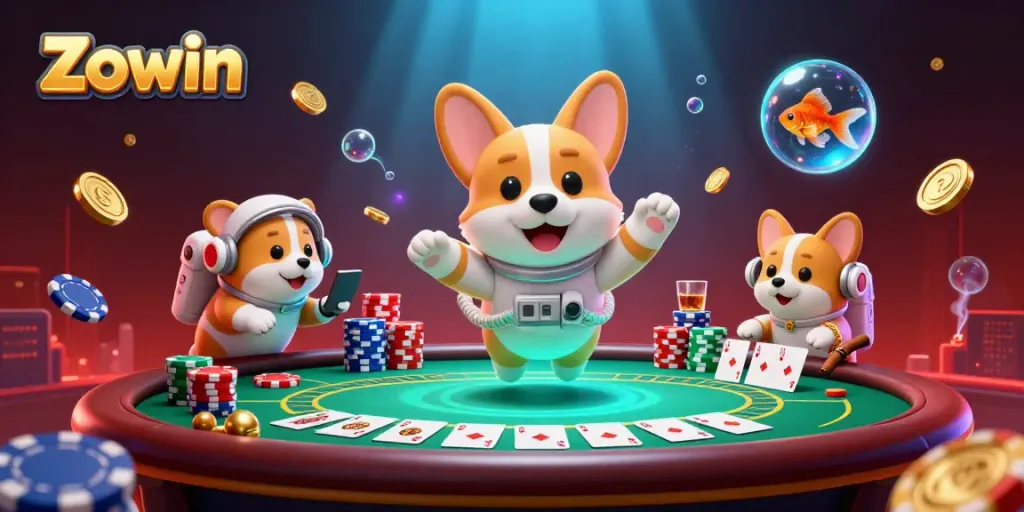 Play exciting casino games with Zowin in a vibrant, imaginative space-themed digital illustration.