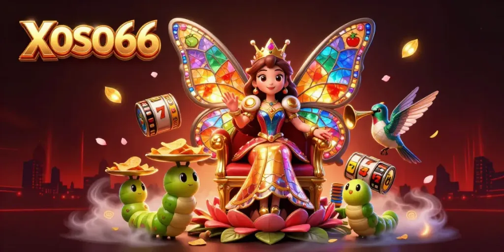 XOSO66 showcases an enchanting butterfly queen amidst vibrant slot game elements like lucky 7s and jackpots.